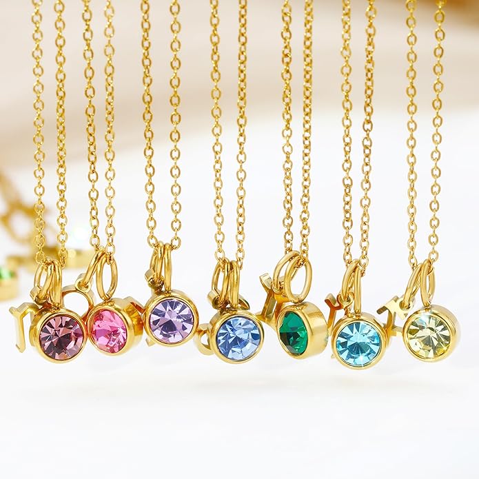 MISS RIGHT Initial Birthstone Necklace for Women - Personalized Gifts Birthday Gifts for Women Stainless Steel 18K Gold Plated Dainty Gold Zodiac Sign 12 Constellation Horoscope Necklace Jewelry