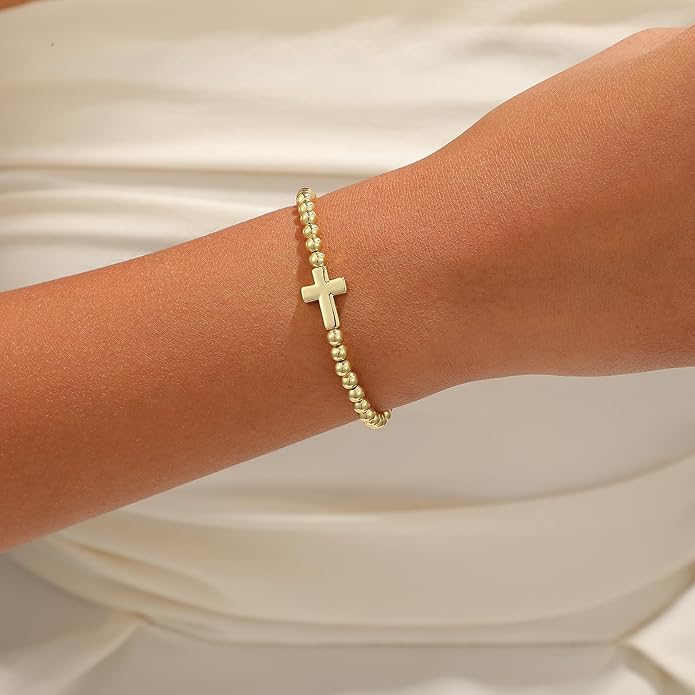 Gold Bracelets for Women, Cute 14K Gold/Silver Plated Stretch Beaded Bracelets for Women Trendy Stackable Charm Bracelet Dainty Adjustable Waterproof Non Tarnish Jewelry Gifts for Her