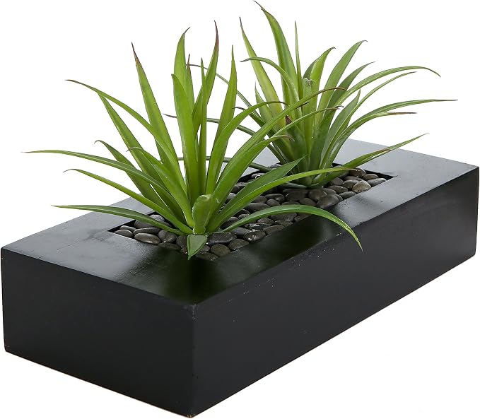 MyGift 10 Inch Fake Green Grass Plant in Rectangular Black Wood Planter | Faux by MyGiftHome