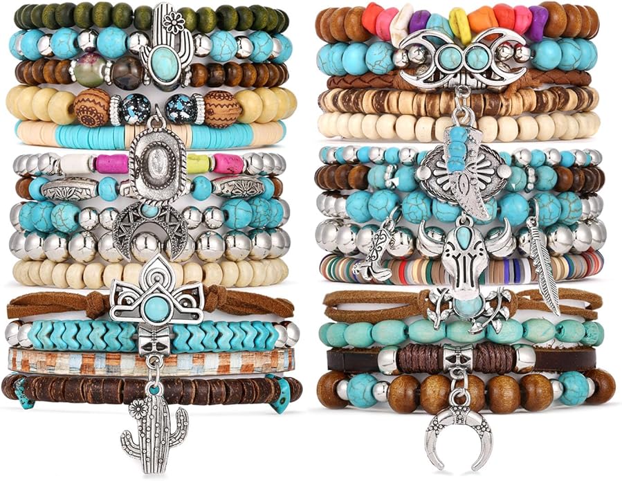 COLOYAN 28PCS Western Bracelets for Women Stackable, Stretch Charm Bohemian Bracelet Stacks, Vintage Turquoise Bead Bracelet Western Jewelry