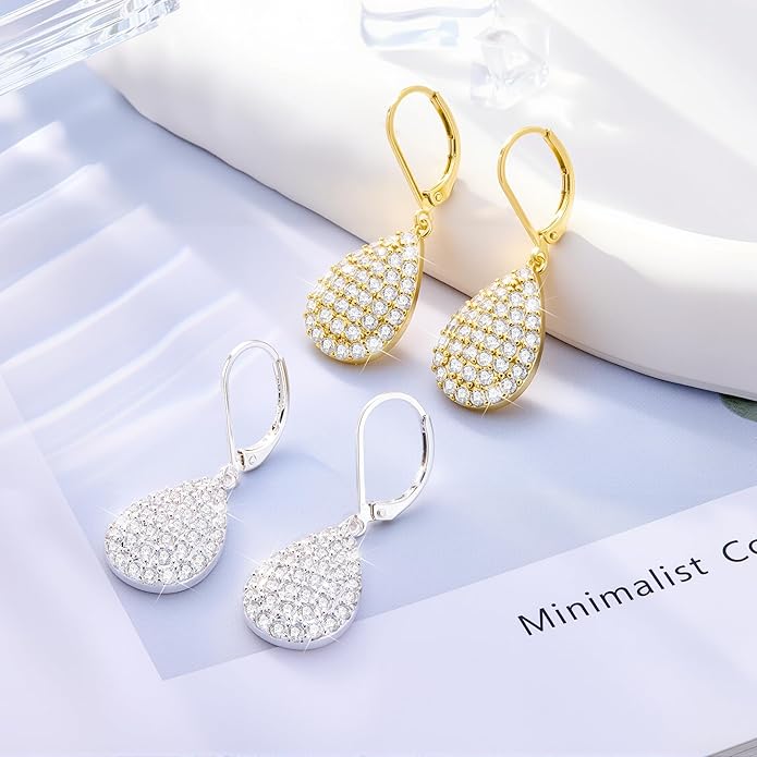 ALEXCRAFT 925 Sterling Silver Dangle Earrings, 14K Gold Plated Heart Waterdrop Earring for Women Trendy Hypoallergenic Leverback Earings Wedding Cubic Zirconia Dangle Earrings Jewelry for Women