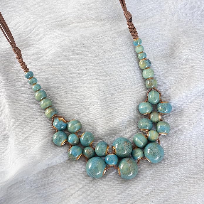 Boho Round Colorful Ceramic Beaded Necklace, Adjustable Hippie Statement Necklace, Handmade Ethnic Jewelry Gift for Women