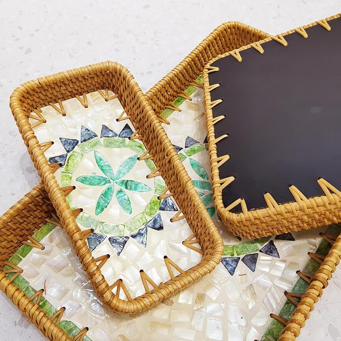 i-lan 15" Green Rattan Nesting Tray Set, Mother of Pearl Inlay, mail or - Image 5
