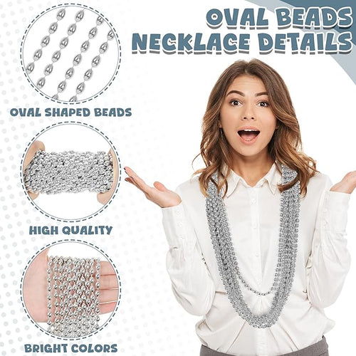 100PCS Bead Necklace, Silver Oval Mardi Gras Bead Necklace, 32" Xmas Necklaces Party Favors Bulk, Festival Events Parade Throw Accessories for Xmas Mardi Gras Wedding Birthday Celebrations Decor