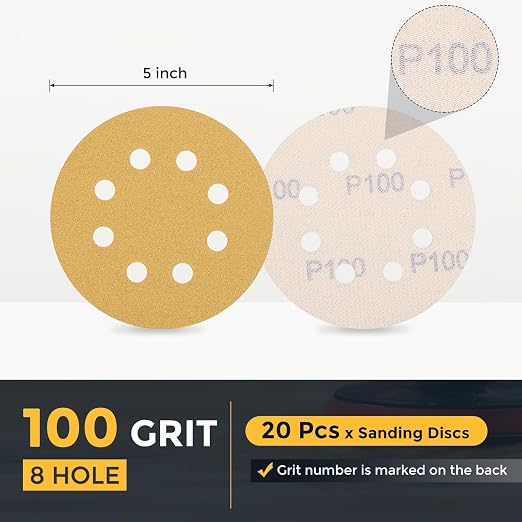 HARFINGTON 20Pcs 5Inch Sanding Discs 100Grit Yellow Aluminum Oxide 8 Hole | - Image 2