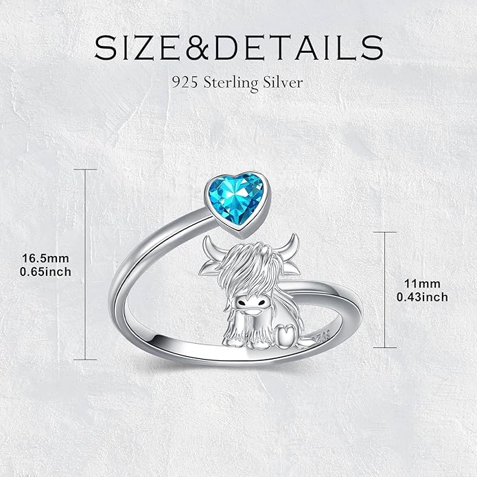 Highland Cow Ring 925 Sterling Silver Adjustable Ring Birthstone Ring Engraved Name Highland Cow Gifts Jewelry for Women