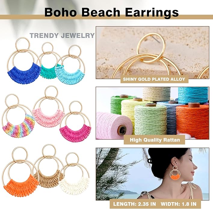 Raffia Hoop Earrings for Women Fun Boho Summer Beach Earrings Lightweight Handmade Straw Wicker Rattan Dangle Earrings Statement Geometric Round Drop Earrings