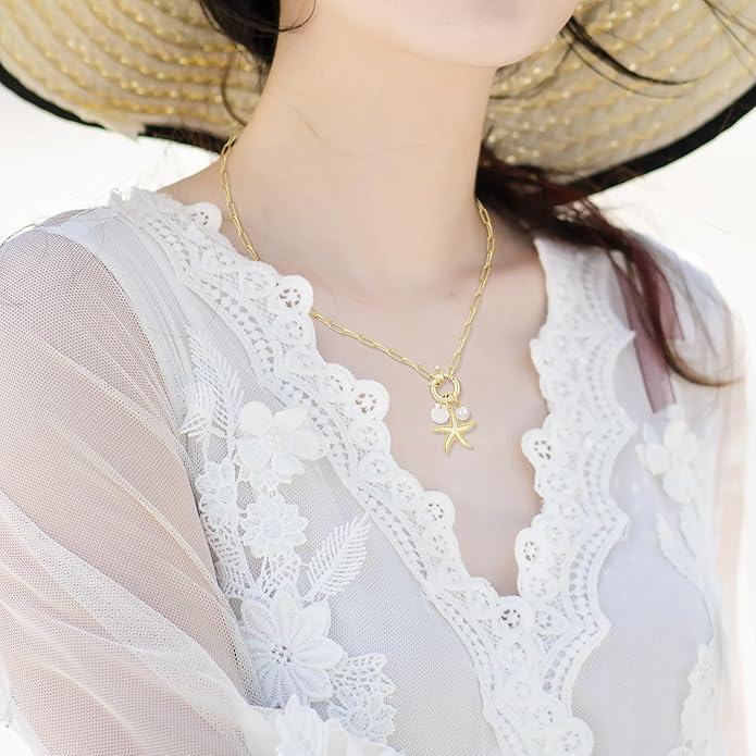 MISS RIGHT Dainty Gold Evil Eye Hamsa Hand Coin Lucky Charm Pendant Necklace for Women Trendy Vintage Paperclip Chain Sun Moon Clover Flower Chunky Charm Necklace Jewelry Gifts