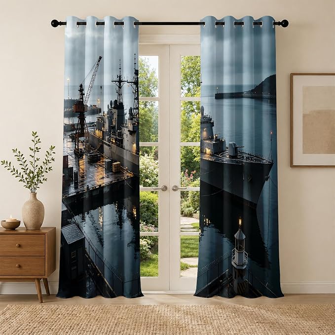 Navy Warship Blackout Curtains for Bedroom 72 Inches Long | Seaport Dock Room - Image 3