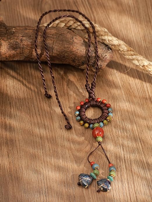 MINACHI Boho Hippie Colorful Ceramic Beads Strand O Ring Circle Charm Long Y Necklace, Vintage Bohemian Statement Jewelry Gift for Women