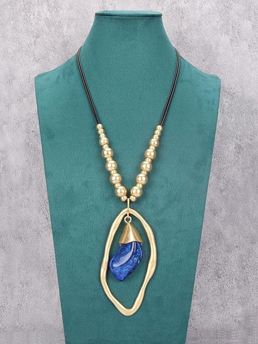 GelConnie Leather Necklace for Women Large Pendant Long Brown Necklace Circle Leather Choker Vintage Sweater Necklace Gold Chunky Boho Necklaces for Women