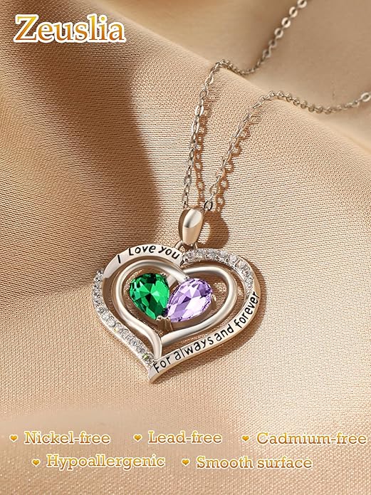 Valentine's Day Gifts for Wife 925 Sterling Silver Double Birthstone Pendant Necklaces I Love You for Always and Forever Necklace Anniversary Birthday Gifts for Wife Girlfriend Mom Her