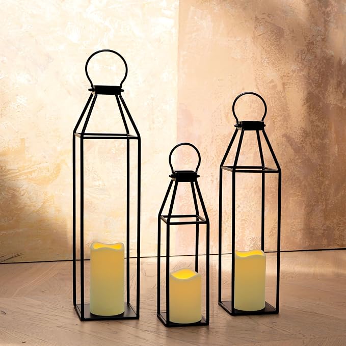 Perfnique Set of 3 Black Metal Lanterns w/ Waterproof Flickering Flameless - Image 7