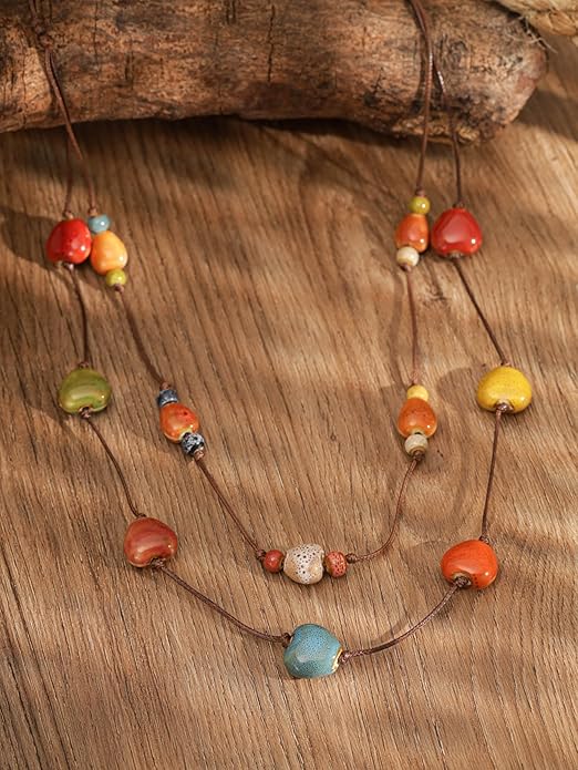 MINACHI Hippie Boho Double Layered Colorful Ceramic Heart Round Bead Necklace, Bohemian Jewelry Gifts for Women
