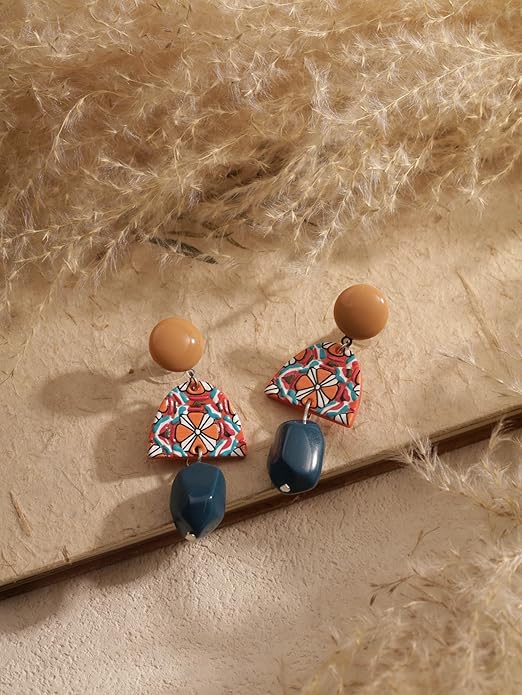 MINACHI Boho Chic Geometric Drop Earrings, Vibrant Multicolor Pattern with Navy Accent Beads & Glossy Studs, Jewelry Gift for Women