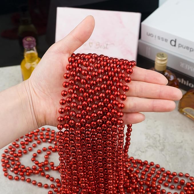 ZYFLSQ 100 Pcs 33" 7mm Metallic Red Mardi Gras Beads Necklaces Bulk, Valentine Beaded Necklaces, Party Beads for Carnival Valentines Patriotic Day Christmas Party Favors Decorations (Red)