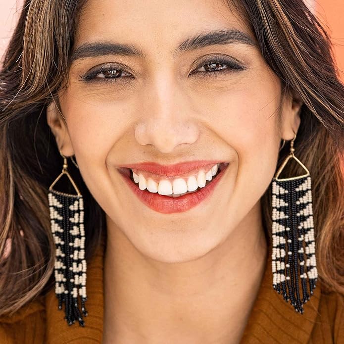 INK+ALLOY Beaded Earrings for Women Dangling, Emilie Seed Bead Long Fringe Statement Boho Earrings, Hypoallergenic Handmade Jewelry for the Modern Bohemian, 4.5-Inch