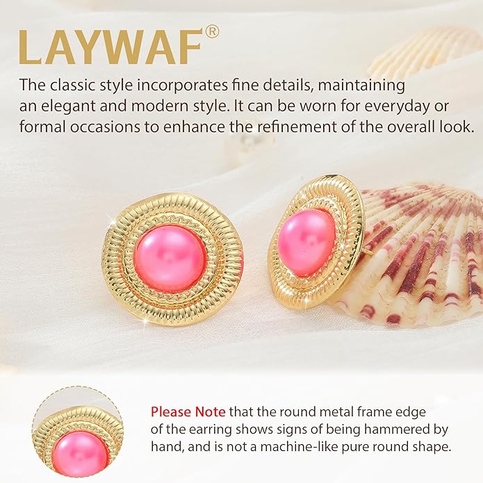 Faux Pearl Gold Plated Stud Earrings for Women, Hypoallergenic Stainless Steel Ear Pin, Available in a Variety of Pearl Colors