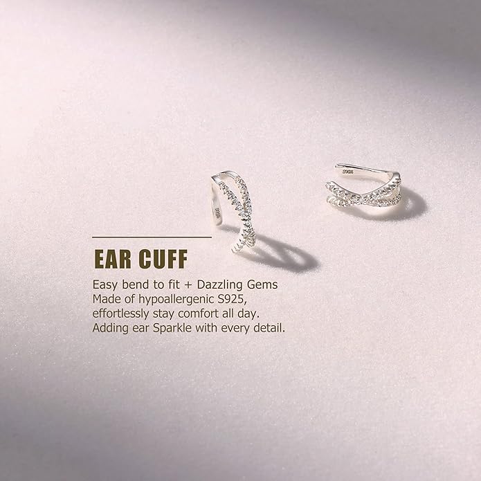KRFY 2Pcs Adjustable Ear Cuff S925 Sterling Silver Ear Cuffs Non Piercing Cuff Earrings for Women 5A Cubic Zirconia Clip On Cartilage Helix Conch Fake Earrings Hypoallergenic