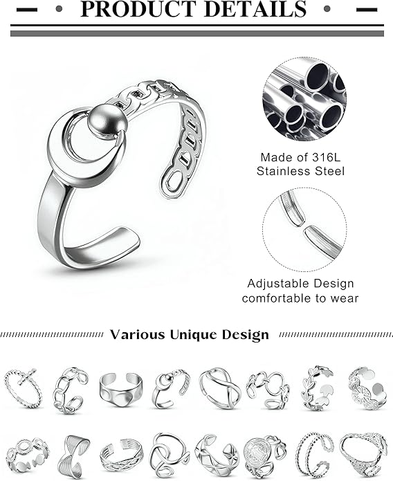LOLIAS 16Pcs Stackable Stainless Steel Rings for Women Chunky Silver Rings Non Tarnish Ring Open Adjustable Thumb Finger Statement Ring Set