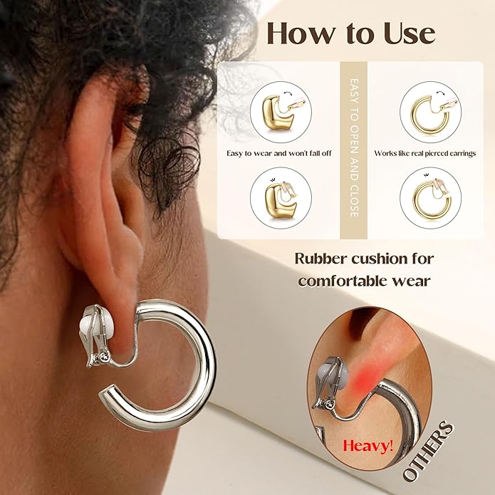 THUNARAZ 9 Pairs Clip on Earrings for Women 14K Gold Plated Chunky Hoop Clips Earring Trendy Clip on Hoop Earrings for Women Non-Pierced Fake Jewelry