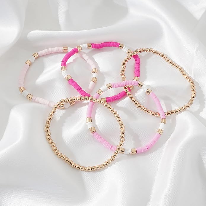 GOOJIDS Surfer Heishi Clay Bead Bracelets for Women Bohemian Stackable Gold Plated Beaded Stretch Bracelets Elastic Layering Friendship Bracelets Set Boho Jewelry