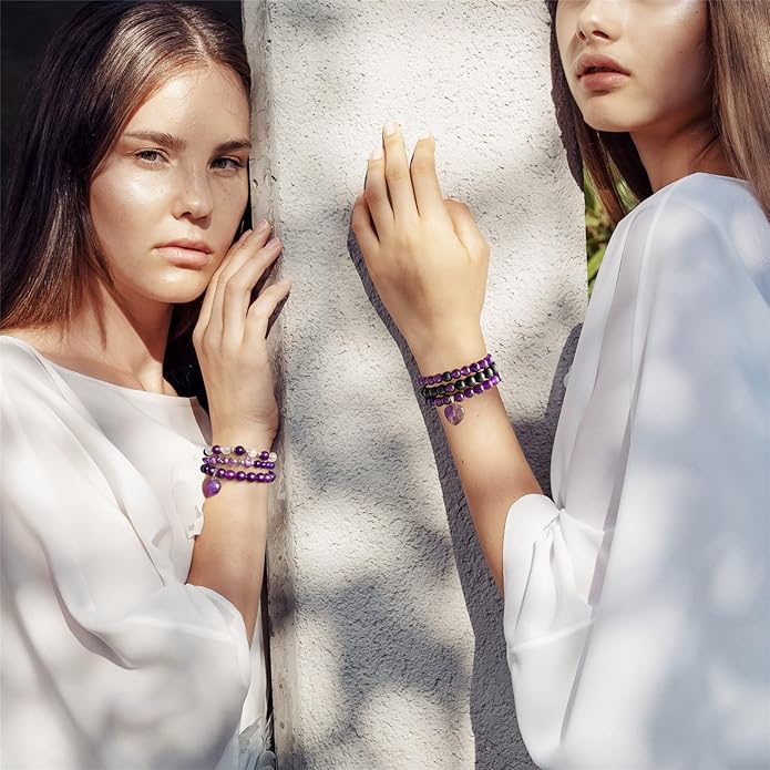 Healing Crystal Beaded Bracelets for Women,Natural Amethyst Gemstones Bracelet,Anxiety Stress Relief Heart Charm Bracelet Handmade purple Jewelry Gifts for Women