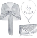 Hicarer 5 Pcs Dressy Jewelry Sets, Silver Shawls and Wraps, Clutch Purse for Homecoming Prom Evening Women Formal