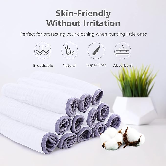 SWEET DOLPHIN 12 Pack Muslin Burp Cloths Large 100% Cotton Hand Washcloths for Baby - Baby Essentials Extra Absorbent and Soft Boys & Girls Milk Spit Up Rags for Newborn Registry - Grey Trim, 20" X10"