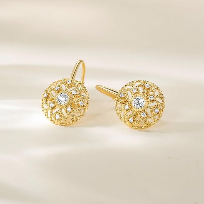Eloqueen 14K Gold Drop Earrings Dangle Earrings for Women Leverback Dangle with Cubic Zirconia with Engraved Details 14K Gold Earring for Women 14/16mm