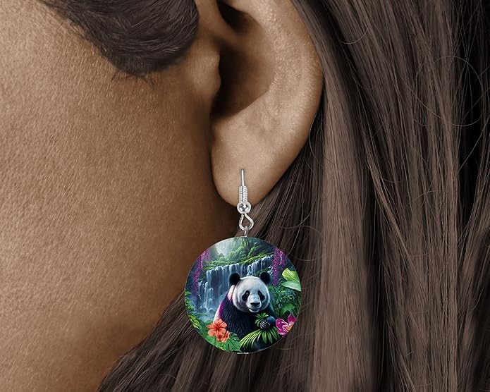 Round Wood Earrings Light Weight Printed Image Dangle Jewelry