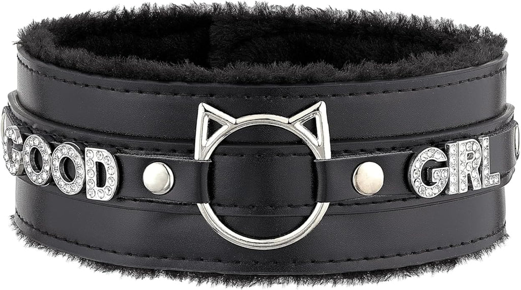 Handmade Collar Choker Necklace for Women – Cat Ear O-Ring Punk Goth Letter Choker,Black/Pink Furry Alt Fashion Jewelry
