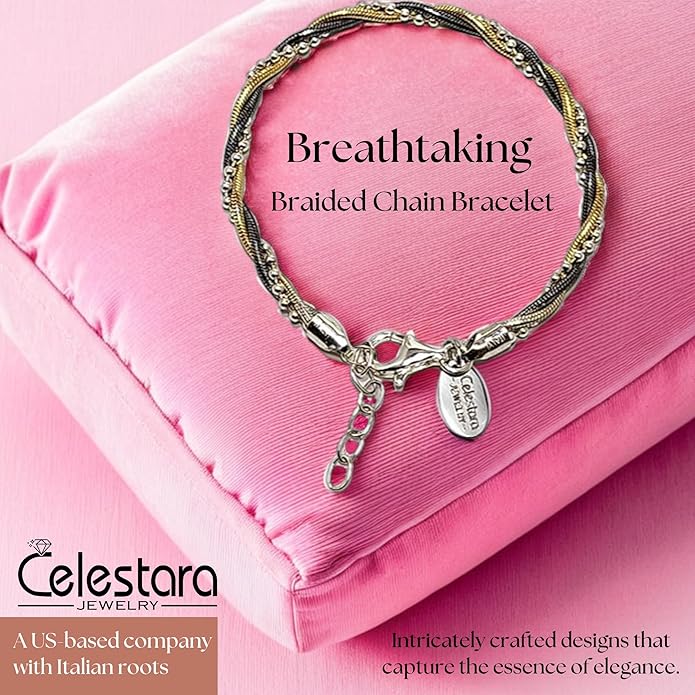 925 Sterling Silver Chain, Italian-Made Jewelry Set with Gold Tone Accent (Luxurious Leather Gift Box Included)