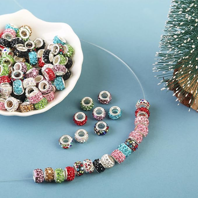60Pcs Rhinestone Large Hole Beads Spacer Beads Mixcolor European Craft Big Beads Large Hole Rhinestones Lampwork Murano Bead Fairy Wand Garden Beads for DIY Bracelet Necklace Jewelry Making Supplies