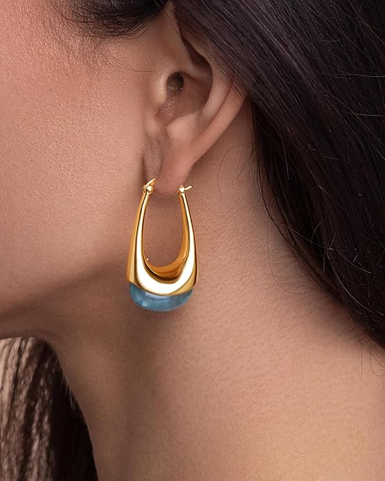 Long Oval Chunky Dangle 18K gold plated Hoops with Colored Resin Gemstone Statement Earrings for Women by SNGIA, (Green, Brown, Blue, Pink, White, Cream), Bold Drop Handmade Exaggerated Irregular Trendy Bohemian Jewelry Gifts, Unique Dangling Teardrop ...