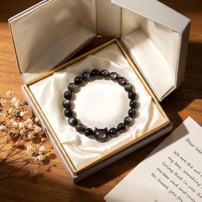 Money Attraction Cat Bracelet - Black Obsidian Women Bracelets -Wealth Prosperity Abundance Stone Bead Bracelet, Entrepreneur Business Luck Beaded Bracelets,Spiritual Mood Energy Cute Protection Stretch Bracelet,Health Good Luck Feng Shui Bracelets For...