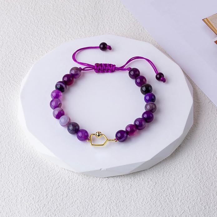 Natural Stone Adjustable Braided Beaded Pickleball Bracelet Charm Jewelry - Sports Lover Pickleball Gifts for Women Men Teens Friends