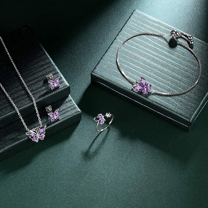 925 Sterling Silver Birthstone Butterfly Jewelry Women Crystal Animal Cute Butterflies Birthday Necklace/Earring/Ring/Bracelet Sets Birth Stone Statement Anniversary Jewellery