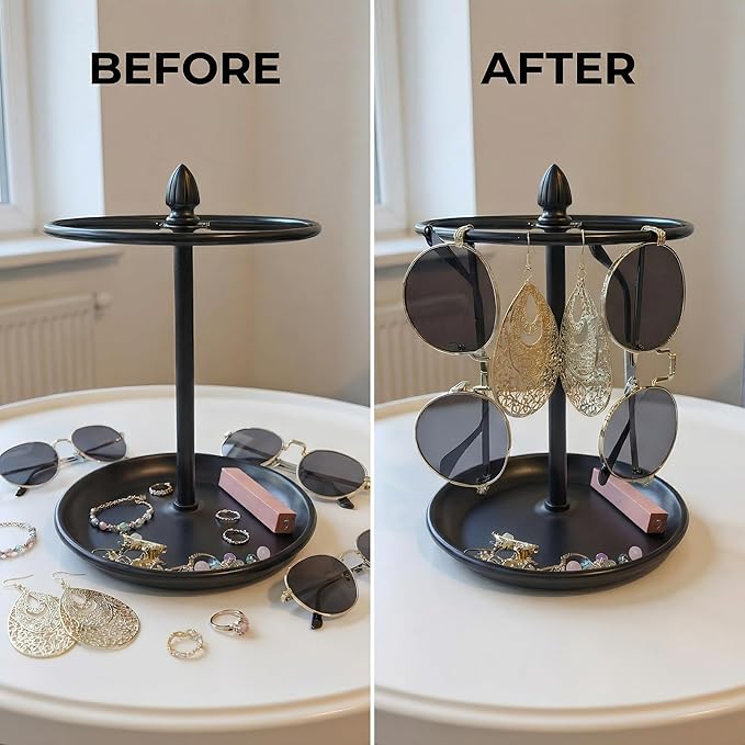 Sunglasses Organizer, Glasses Display Stand for 12 Pairs, Base Storage for Jewelry (Metal+Black)