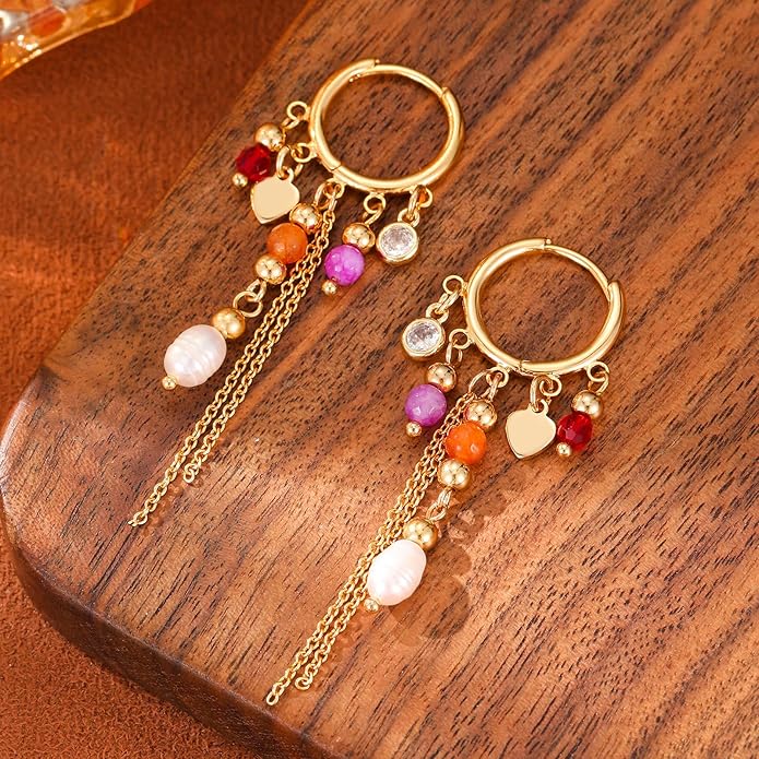 Boho Tassel Hoop Earrings for Women 14K Gold Pearl Earrings Dainty Colorful Bead Pendant Earrings Ethnic Style Statement Jewelry for Vacation Festival Party