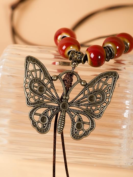 MINACHI Hippie Boho Colorful Ceramic Bead Butterfly Charm Pendant Y Necklace, Vintage Bohemian Statement Jewelry Gift for Women
