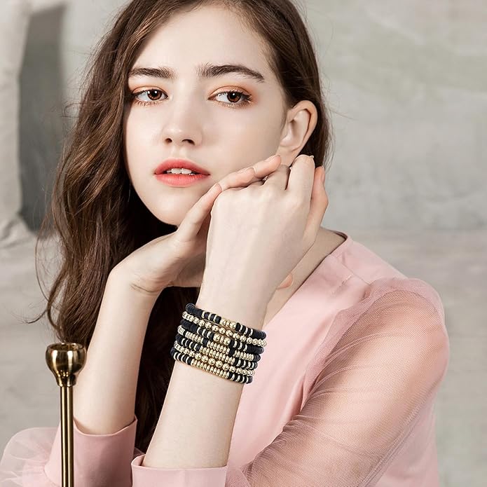 GOOJIDS Surfer Heishi Clay Bead Bracelets for Women Bohemian Stackable Gold Plated Beaded Stretch Bracelets Elastic Layering Friendship Bracelets Set Boho Jewelry