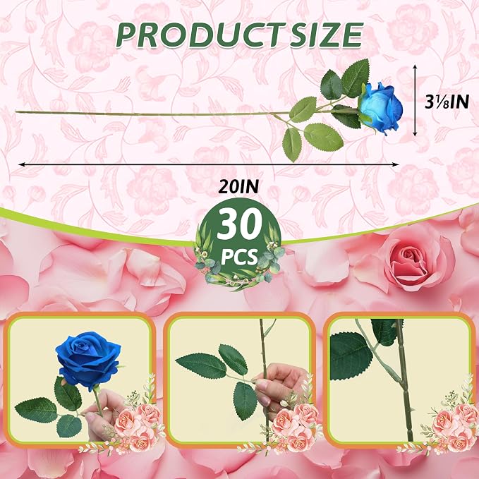 30 PCS Fake Blue Roses, Artificial Flowers Bulk, Realistic Silk Faux Roses | - Image 2