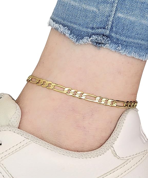 Gold Electroplated Anklet for Women, 9-12 Inch Sizes, Figaro, Cuban, Mariner, Herringbone Design - Made in Korea