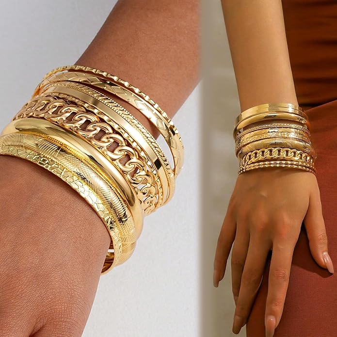 ÌF ME Gold Bangle Bracelets for Women, Indian Bangles Stackable Set, Multi Layer Textured 14K Gold Plated Chunky Bracelets Boho Jewelrys Set
