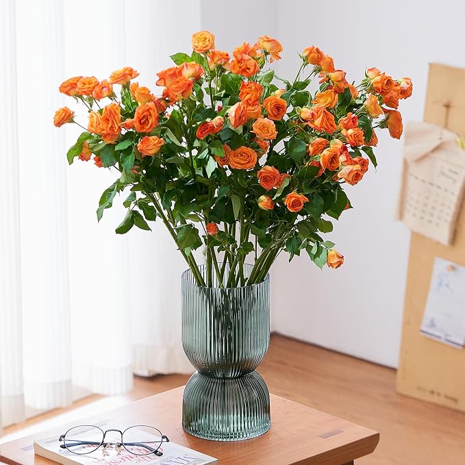 7.5 inch Vase for Flowers, Teal Ribbed Thickened Glass Vases, Hourglass Bud - Image 2