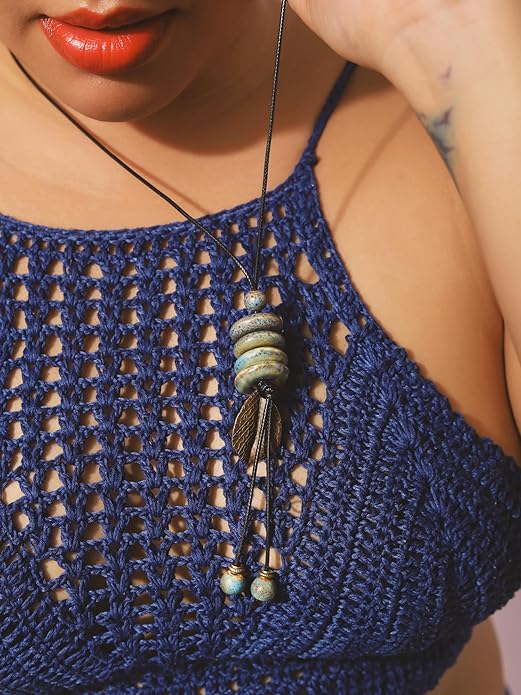MINACHI Vintage Bohemian Leaf Charm Colorful Ceramic Bead Long Y Necklace, Boho Jewelry Gift for Women