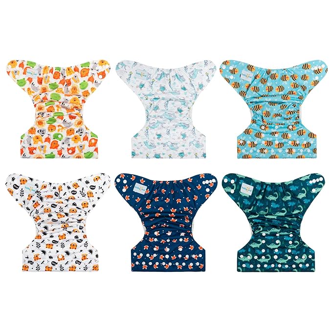 Babygoal Cloth Diaper Covers 6 Pack+Wet Bag for Fitted Diapers and Prefolds with Double Gussets, Adjustable and Reusable for Baby Boys 6DCF08