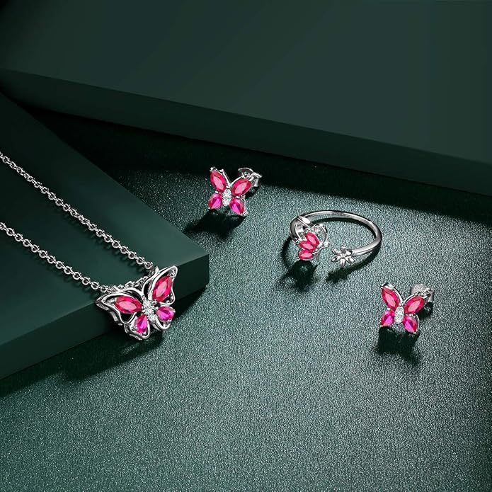 925 Sterling Silver Birthstone Butterfly Jewelry Women Crystal Animal Cute Butterflies Birthday Necklace/Earring/Ring/Bracelet Sets Birth Stone Statement Anniversary Jewellery