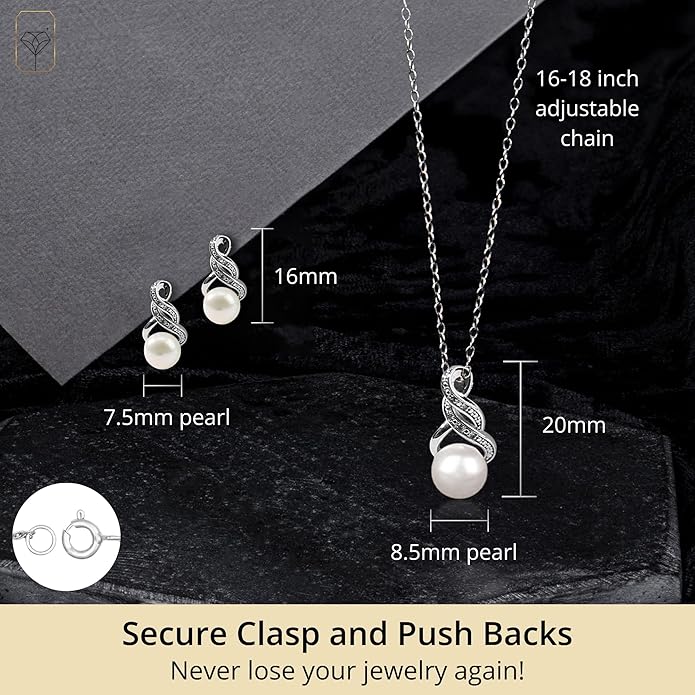 Real Diamond Sterling Silver Pearl Necklace and Earring Set | Hypoallergenic Real Cultured Freshwater Pearl Jewelry Set with 18 Inch Silver Chain | Diamond Bridal Bridesmaid Set for Women with Gift Box by MAX + STONE